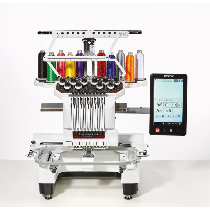 Masina de brodat computerizata Brother PR1050X, aria de brodare 36x20, 699 modele de broderie, 37 fonturi, 10 ace, 10 culori, brodeaza produs finit cu brat liber, ghidaj laser, ecran color 10", USB, 1000 imp/min, alb