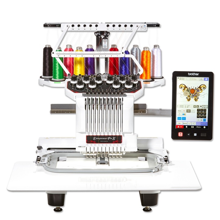 Masina de brodat computerizata Brother PR1050X, aria de brodare 36x20, 699 modele de broderie, 37 fonturi, 10 ace, 10 culori, brodeaza produs finit cu brat liber, ghidaj laser, ecran color 10", USB, 1000 imp/min, alb