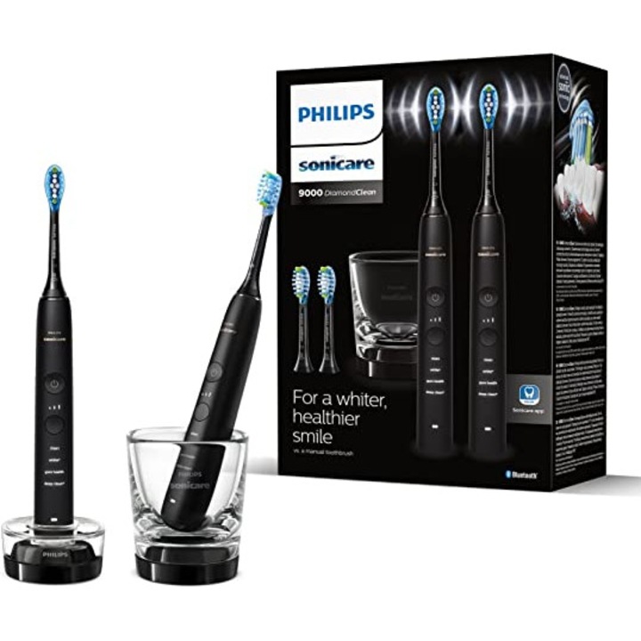 Комплект от 2 звукови електрически четки за зъби Philips Sonicare DiamondClean 9000 HX9914/63, функция BrushSync, 4 режима на четкане, 3 нива на интензитет, сензор за налягане, 4 глави за четка, 2 зареждащи основи, черна