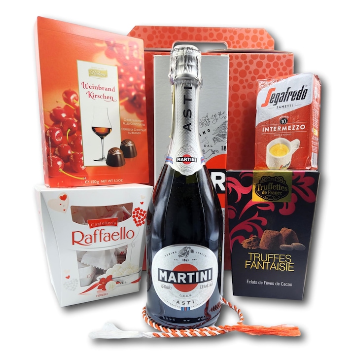 Pachet cadou asortat, CADOURI PREMIUM, model Spring Martini cu spumant Martini Asti, cafea si surprize dulci de nerefuzat