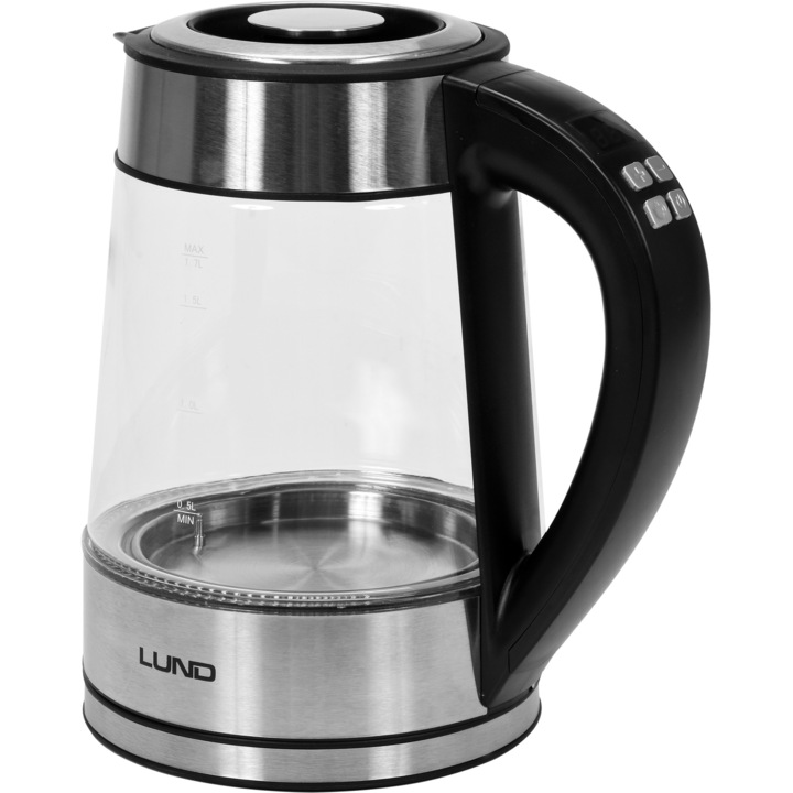 Cana fierbator, Lund, 240V, 2200 W, LED, 1.7 l, Negru, Argintiu