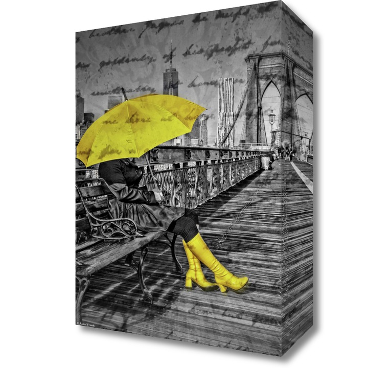 Pictura pe panza, Zakito Posters 20x30cm Turist de sex feminin cu o umbrela asezata pe o banca langa o trecere de pietoni pe podul Brooklyn Bridge, Assaf Frank
