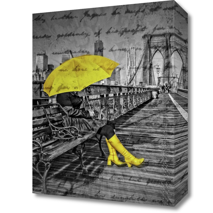 Pictura pe panza, Zakito Posters 30x40cm Turist de sex feminin cu o umbrela asezata pe o banca langa o trecere de pietoni pe podul Brooklyn Bridge, Assaf Frank