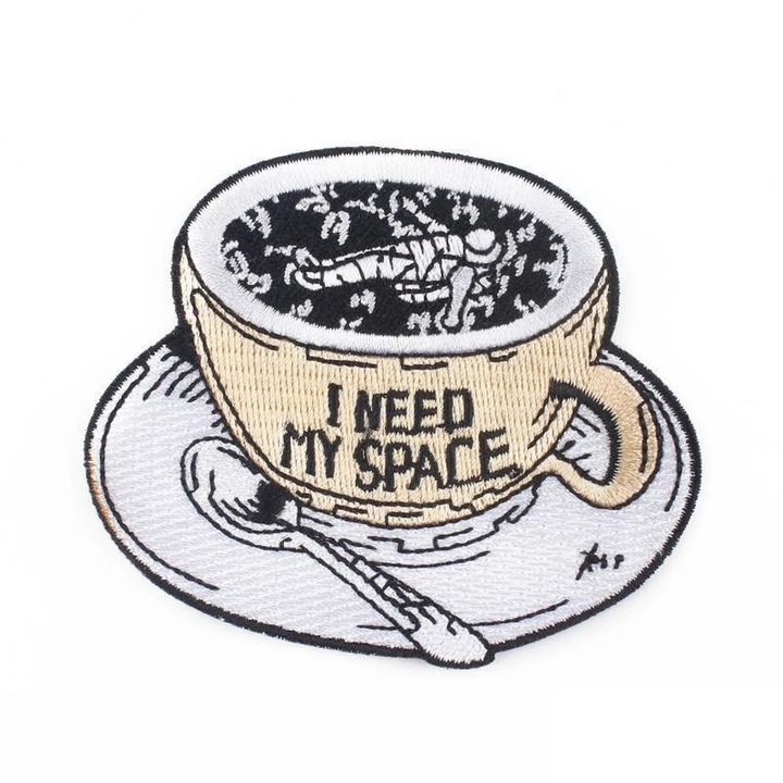 Petic textil brodat I need my space, coffe, cafea 8x6.6 cm
