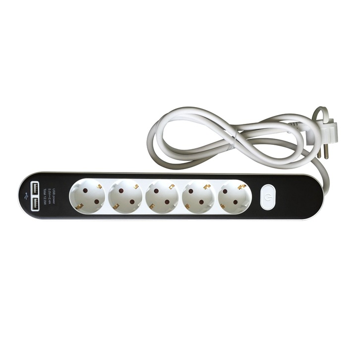 Prelungitor pentru birou, 5 prize, protectie copii, intrerupator, 2 USB, cablu 1,5 Metri, Negru cu alb