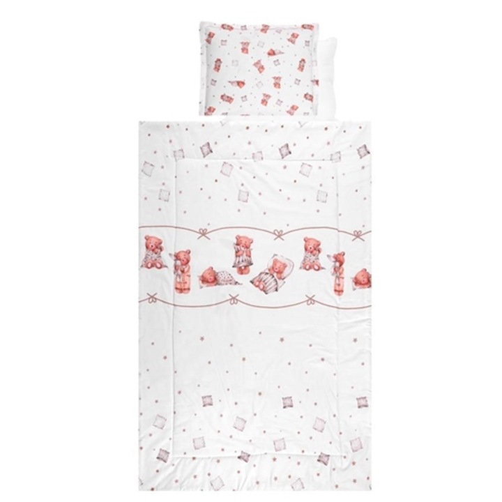 Set Lenjerie Pat, Lorelli, 4 piese, Bumbac Ranforce, Bears & Pillows Beige, 70 x 140 cm