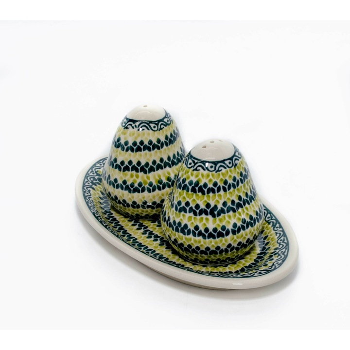 Set 2 recipiente sare si piper cu tava Leaf Bed, ceramica smaltuita, pictata manual, 6,4/18,4 x 10,4 cm