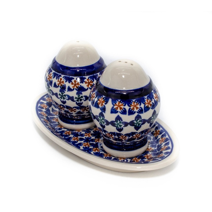 Set 2 recipiente sare si piper cu tava Flower Laces, ceramica smaltuita, pictata manual, 5,4/10,4 x 18,4 cm