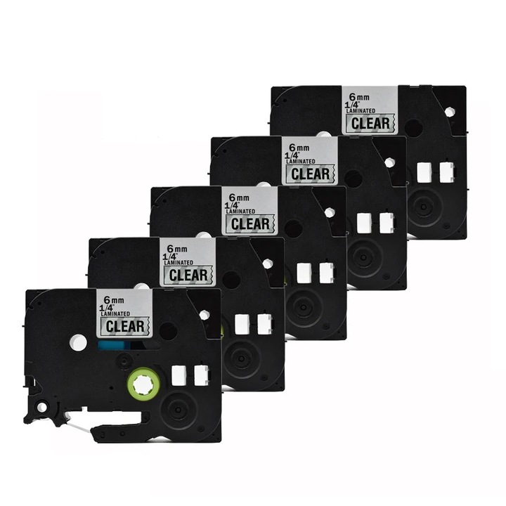 Set 5 casete etichete autocolante compatibile Brother, 6mm x 8m, negru/transparent, TZ-111/TZe-111