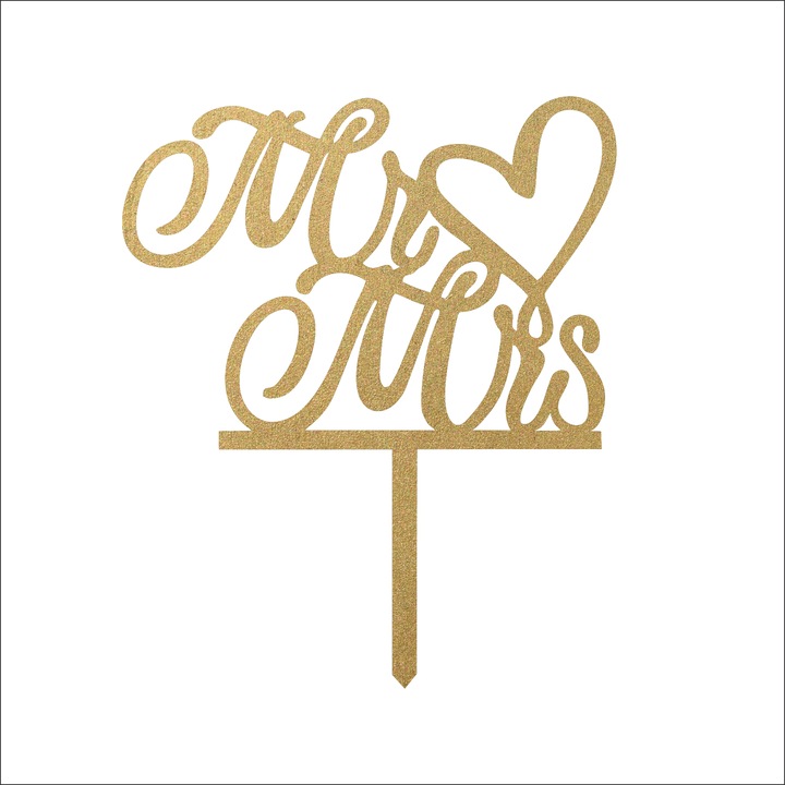Topper tort Mr Mrs, Inedit Print, TC79, Auriu, 16 cm