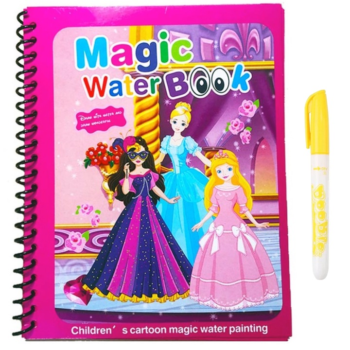 Carte de colorat cu apa Magic Book, Reutilizabila, plina de culori vibrante, Cele 3 printese - 8 pagini, pentru fete si baieti de la 3 ani, Pitikot®