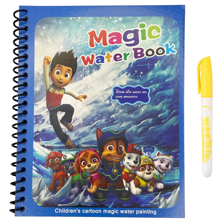Carte de colorat cu apa Magic Book Pitikot®, Reutilizabila, plina de culori vibrante, Paw Patrol - 8 pagini, pentru fete si baieti de la 3 ani