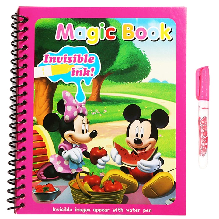 Carte de colorat cu apa Magic Book, Reutilizabila, plina de culori vibrante, Mickey si Minnie- 8 pagini, pentru fete si baieti de la 3 ani, Pitikot®