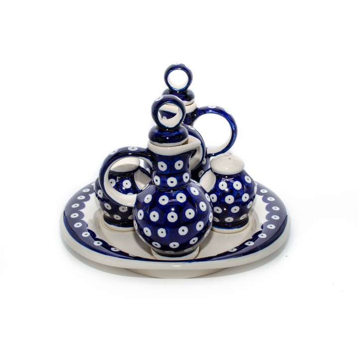 Set oliviera 4 recipiente cu tava, Blue Eyes, ceramica smaltuita, pictata manual, 22,6/18,4 x 15,0 cm