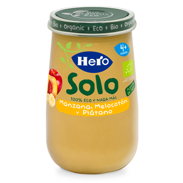 Органично пюре Hero Solo (Bio), Ябълка, Праскова, Банан 190 гр, От 4 месеца
