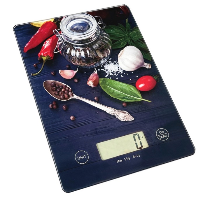 Кухненска везна Rosberg Premium RP51651KD Peppers, 5 кг, ТАРА, Стъклена, Чушки, Черен