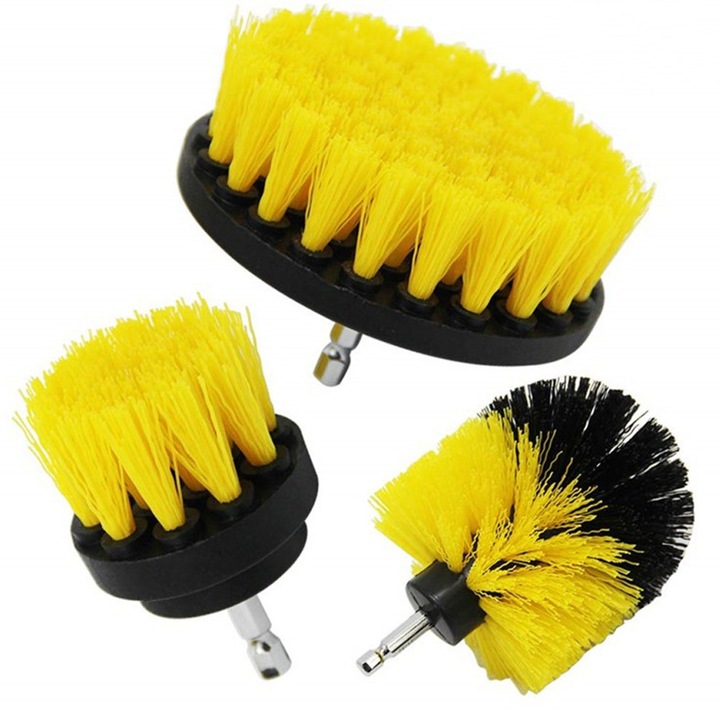 Комплект от 3 четки, за почистване на повърхности, килими, въртящи се, пластмасови, с адаптер, различни размери, за бормашина, самонарезна или бормашина Echo Soul®