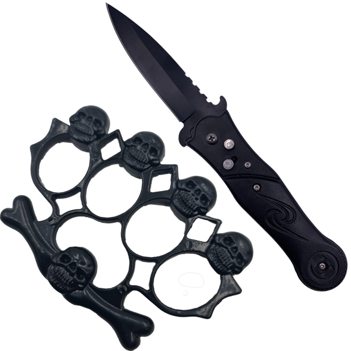 Kit Autoaparare Tactic, Briceag Stealth Deschidere Automata 20 cm, Pumnal Tip Box Model 5 Cranii, Dalimag