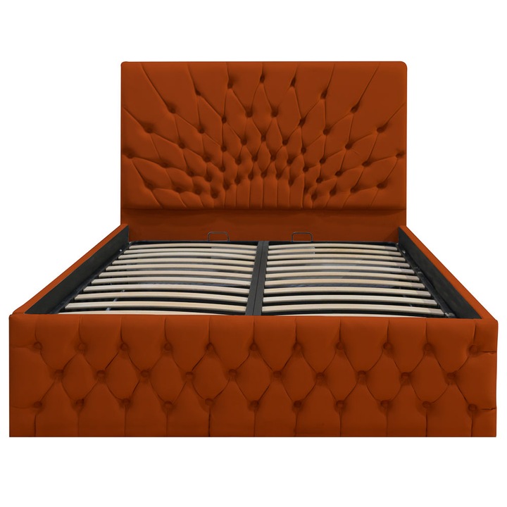 Pat dublu tapitat Carolina, 140/200 cm, caramiziu cu nasturi tapitati, cu somiera metalica rabatabila si spatiu de depozitare