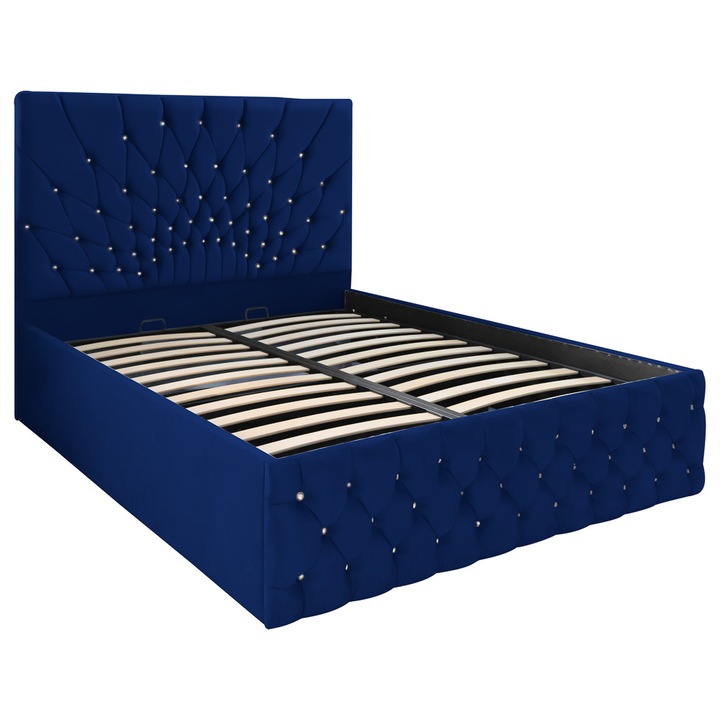 Pat dublu tapitat Carolina, 180/200 cm, bleumarin cu nasturi sticla, cu somiera metalica rabatabila si spatiu de depozitare