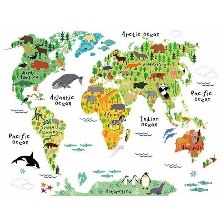 Sticker Decorativ Autocolant DAVIDAMI CONCEPT® model Harta Animata a Lumii cu Animale, dimensiune 95 x 73 cm