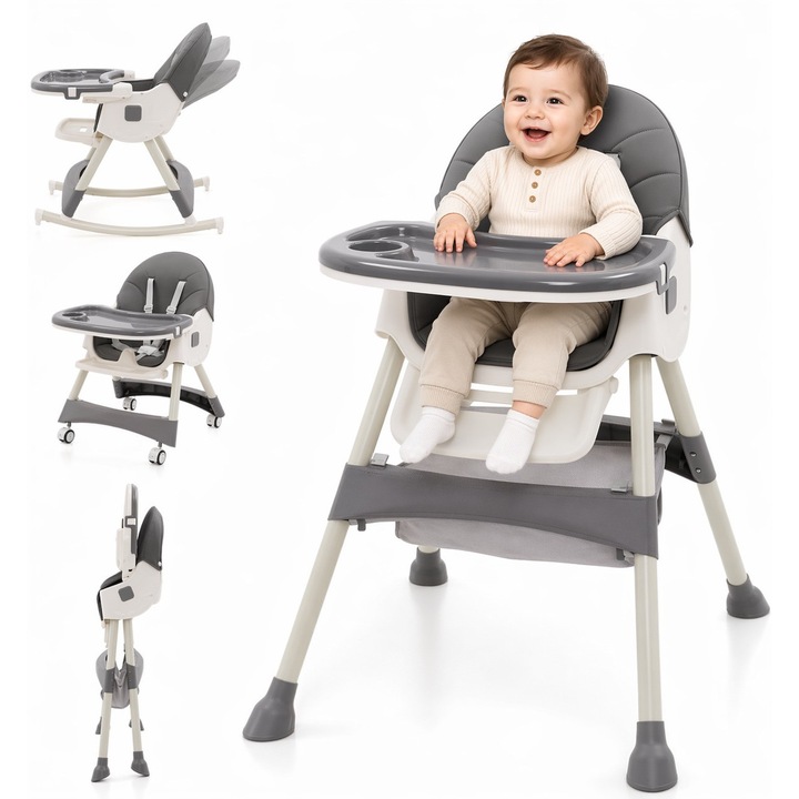 Scaun de Masa Pliabil 4 in 1 KinderVibe™ 6 Luni +, Multifunctional si Stabil, Tavita si Husa Detasabile si Lavabile, Roti, Centura de Siguranta 5 Puncte, Ajustabil pe Inaltime, Balansoar, Cos de Depozitare, Dove Grey
