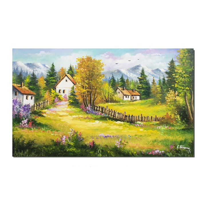 Tablou living, pictat manual Artnova, Sus la munte, meleaguri mioritice, pictura 100x60cm ulei pe panza
