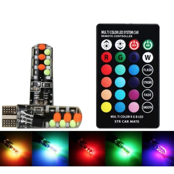 Комплект от 2 RGB LED крушки за кола с дистанционно, цокъл T10 със 192 ...