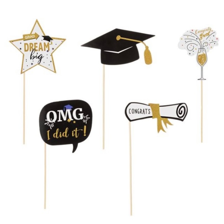 Set 5 accesorii pentru petrecere, ceremonie absolvire, photo props, negru/auriu