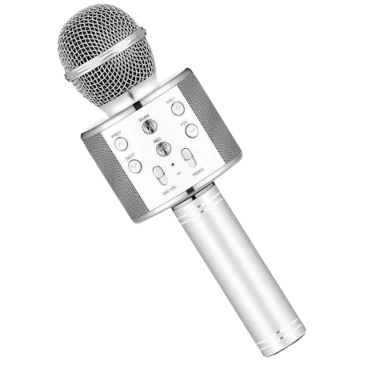 Microfon copii multifunctional, Boxa integrata, bluetooth, Argintiu