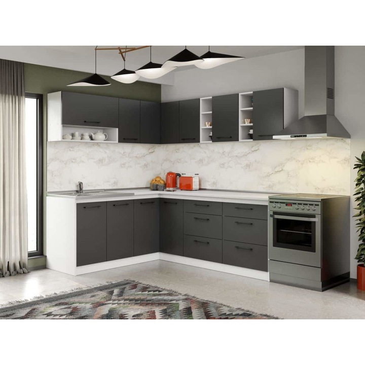 Set Mobila Bucatarie Colt, Mina Grafit, Gri Antracit, C94, L 184/224 x A 60 x H 200 cm