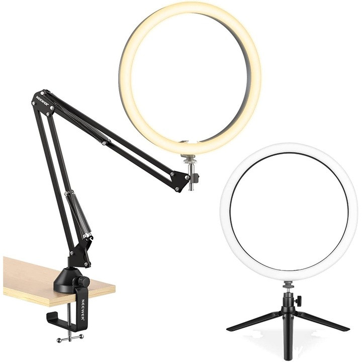Set Lampa circulara LED Ring Light cu trepied si brat cu menghina, cu suport smartphone, telecomanda, montura cap tip bila, adaptor de la 5/8" la 3/8" si adaptor de la 1/4" la 5/8", pentru machiaj, vlog, streaming, inregistrare video
