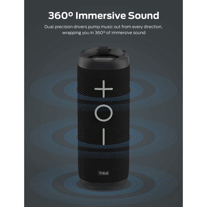 Boxa Portabila, Wireless, 2x12W, Waterproof IPX7, Microfon, XBass, Bluetooth 5, 2x2600 mAh, Tribit StormBox 360° - Black