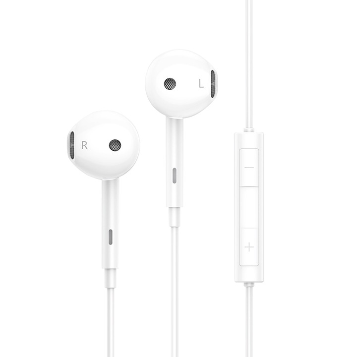 Casti In-Ear, SeveShop, cu Fir si Microfon, Conexiune Jack 3.5 mm, Sunet Clar si Baza Puternica, Design Ergonomic si Confortabil, Izolare Fonica, Control Integrat pentru Apeluri si Muzica, Compatibile cu Smartphone, Laptop si Tableta, Alb