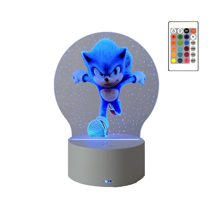 LED нощна лампа, Sonic the Hedgehog, 16 цвята, с дистанционно, USB захранване или 3 батерии AA