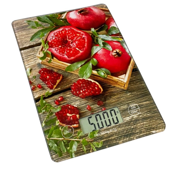 Кухненска везна Rosberg Premium RP51651KD Pomegrenate, 5 кг, ТАРА, Стъклена, Нар, Многоцветен