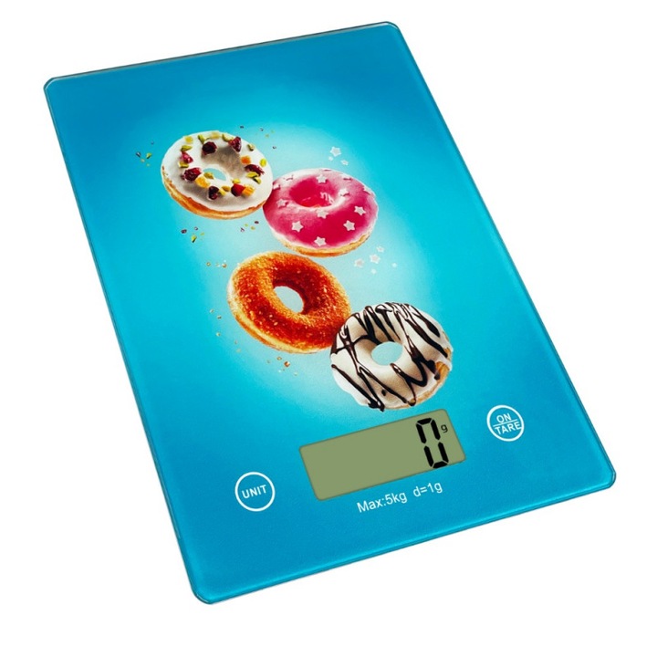 Кухненска везна Rosberg Premium RP51651KD Doughnut, 5 кг, ТАРА, Стъклена, Донат, Син