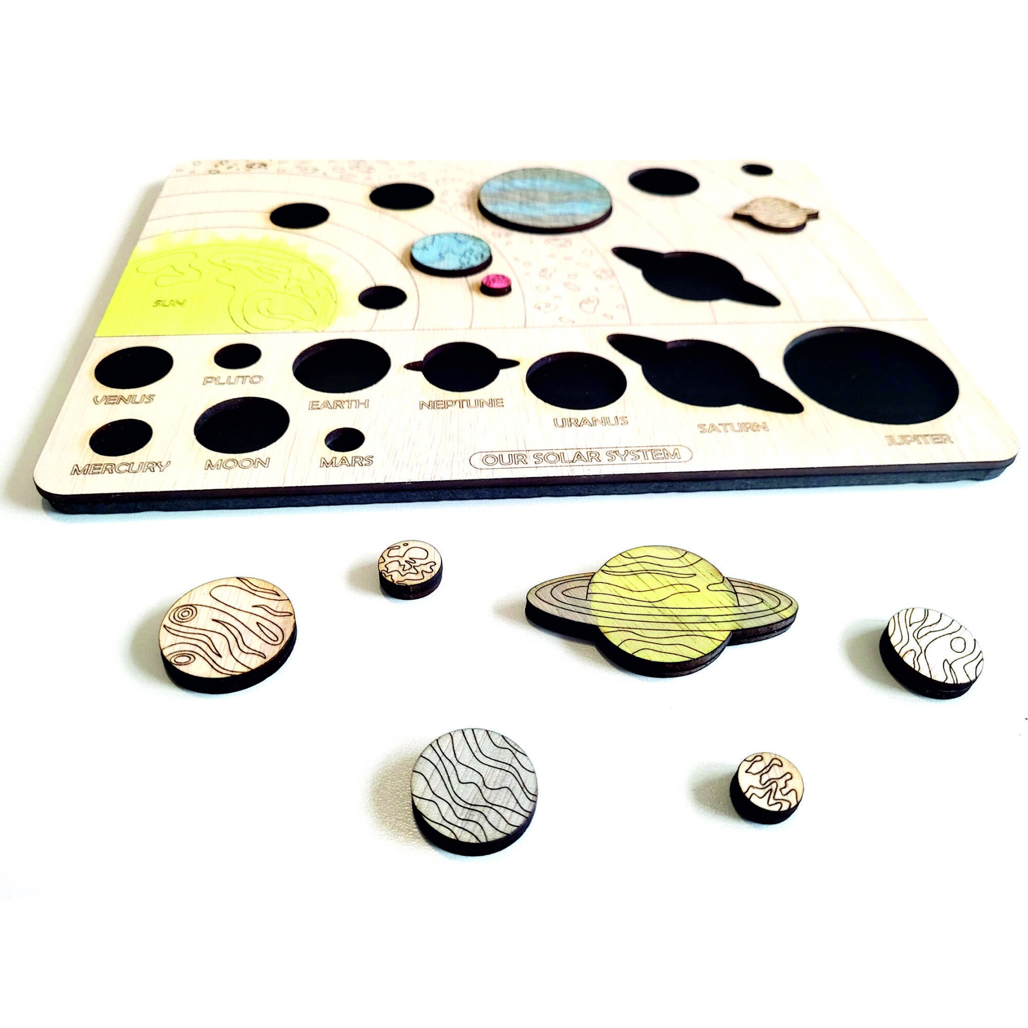 Puzzle Montessori, Sistemul Solar din lemn, 11 piese, 200mm x 300mm, 5 ...