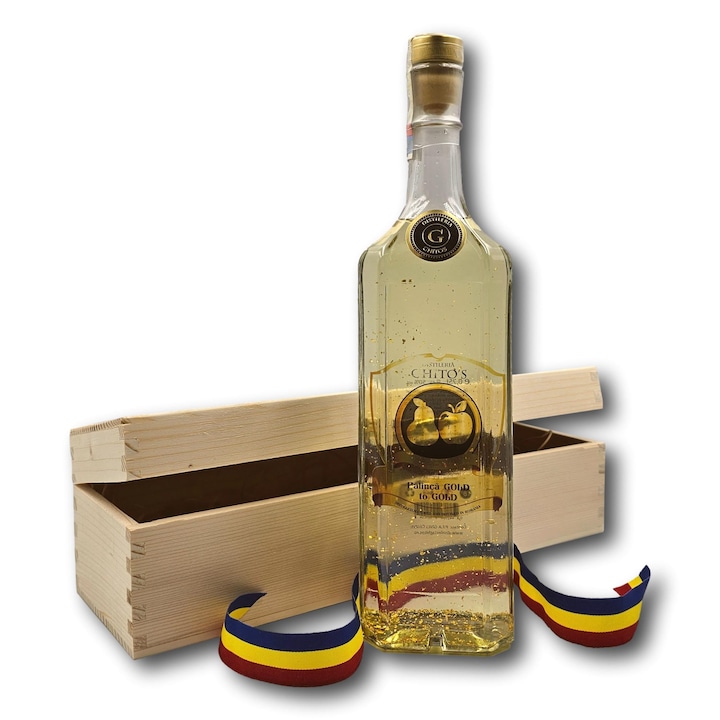 Cutie cadou Strong Romanian Taste cu palinca veritabila imbogatita cu fulgi de aur 24K