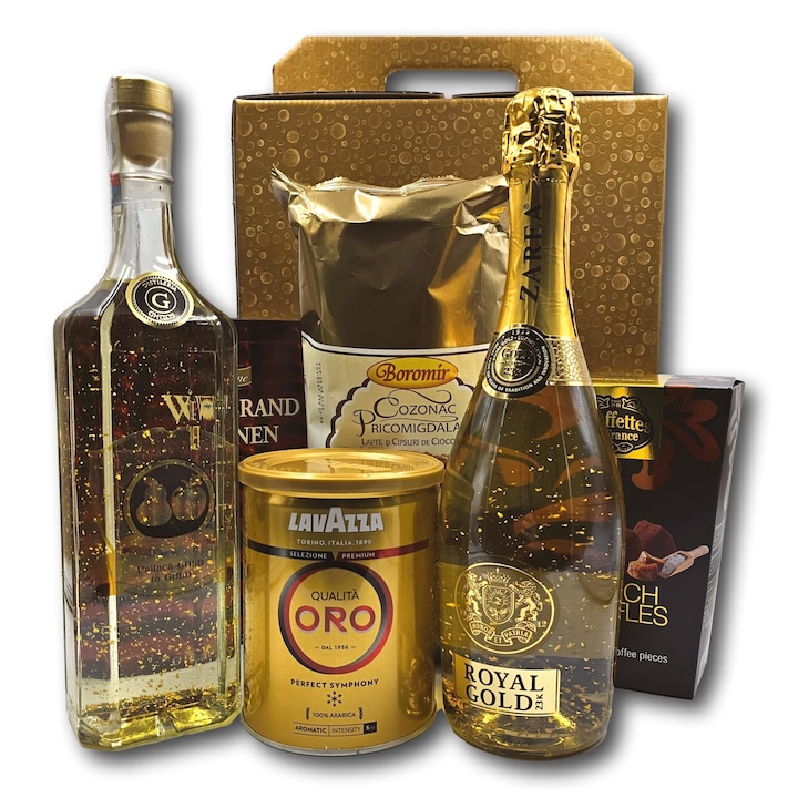 Pachet cadou special, CADOURI PREMIUM, model Gold to Gold, cu spumant si palinca, ambele infuzate cu aur 24k si asortate cu un cozonac Boromir, o cafea Lavazza Oro si cu alte cateva surprize de neuitat