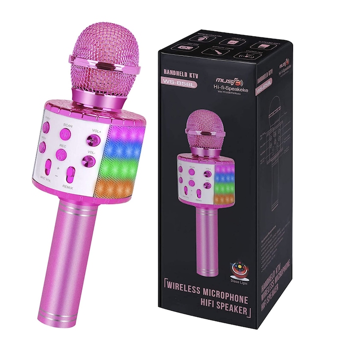 Microfon Karaoke de copii Wireless, tin asten, Boxa integrata, Card SD, multifunctional, stereo, roz, pentru baieti si fete in varsta de 4-8 ani