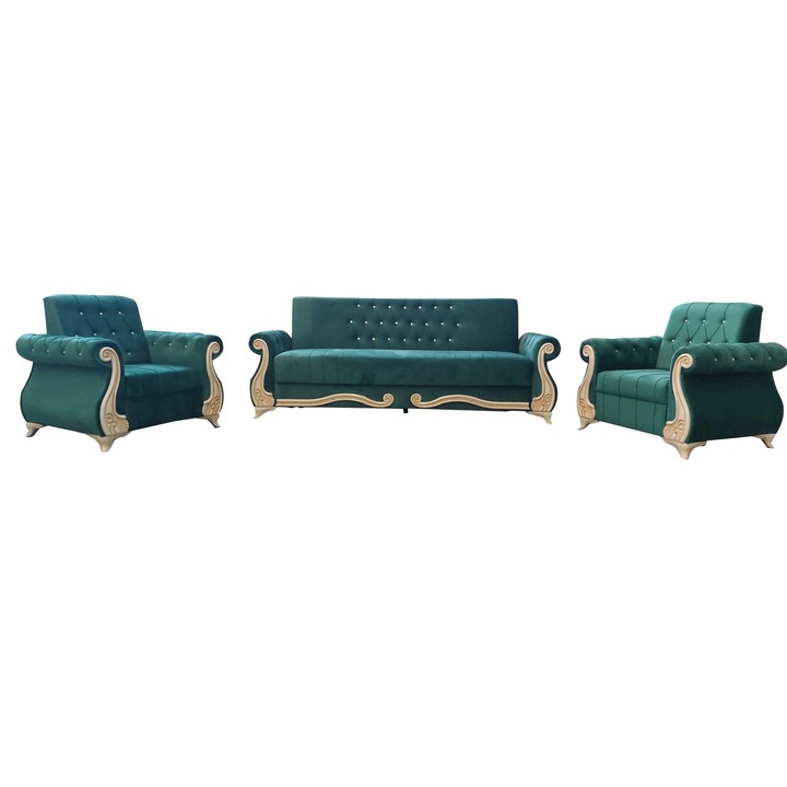 Set canapea imperial cu doua fotolii verde smarald home global cu lada de depozitare material textil 225x110 cm
