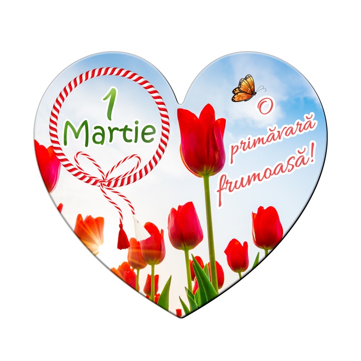 Szív hűtőmágnes március 1. Piros tulipán és pillangó