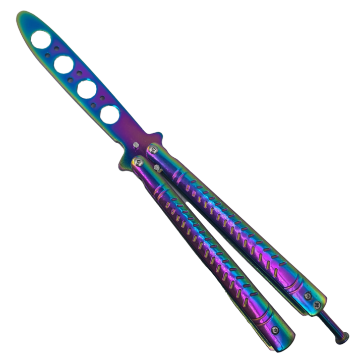 Cutit Fluture Fara Tais pentru Practica, Butterfly Balisong, Prindere Curea, Model Curbat, Oil Spill, 22 cm, Dalimag