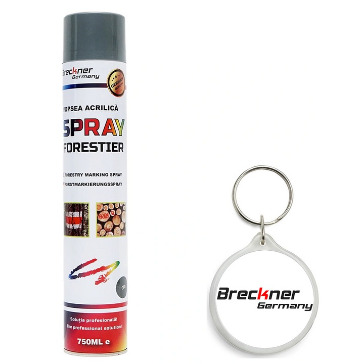 Set Vopsea spray marcaj forestier gri 750ml Breckner Germany cu Breloc Breckner
