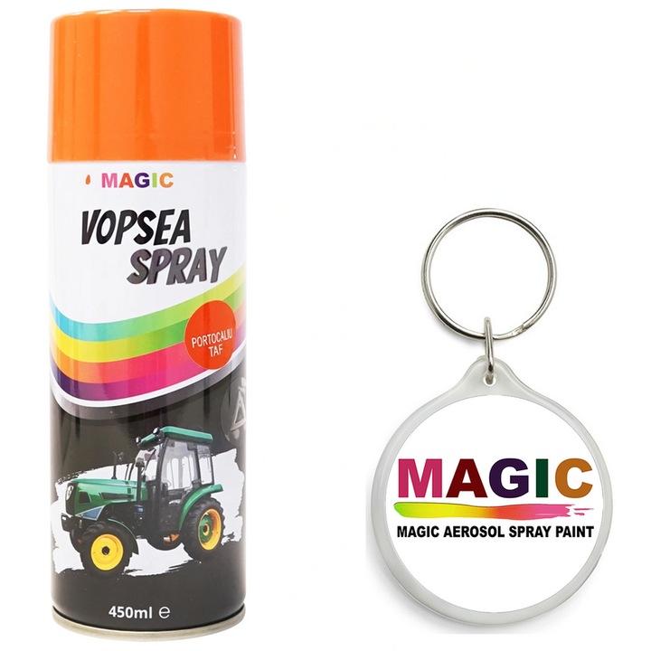 Set Spray vopsea auto portocaliu RAL2002 pentru Tractor Forestier, cu uscare rapida 450ml MAGIC cu Breloc Magic