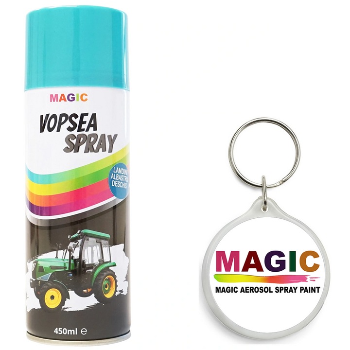 Set Spray vopsea auto albastru deschis tip Landini profesionala cu uscare rapida 450ml MAGIC cu Breloc Magic