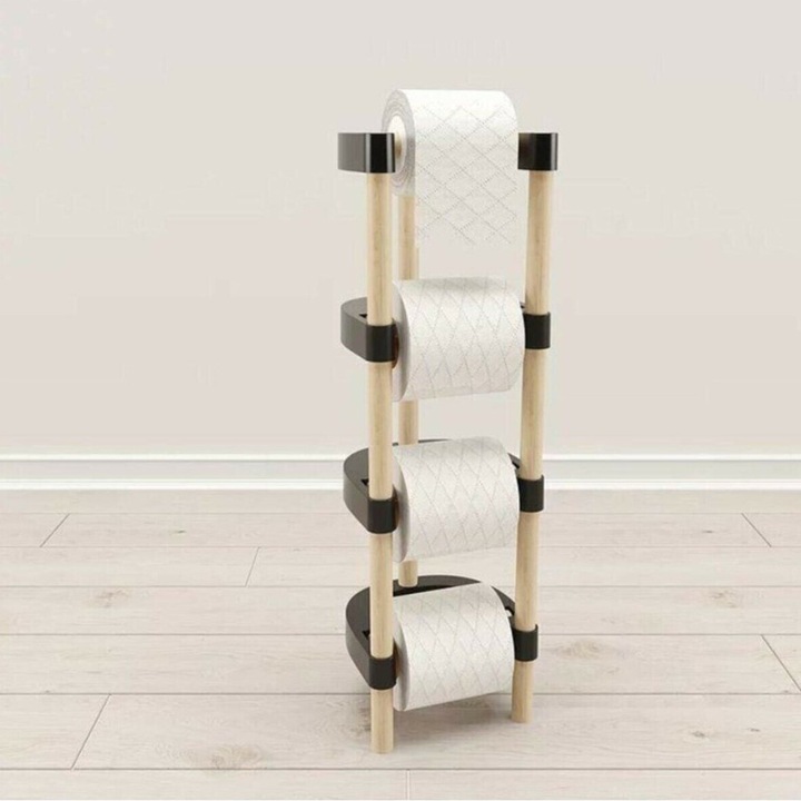 Suport hartie igienica din lemn si plastic cu 4 compartimente