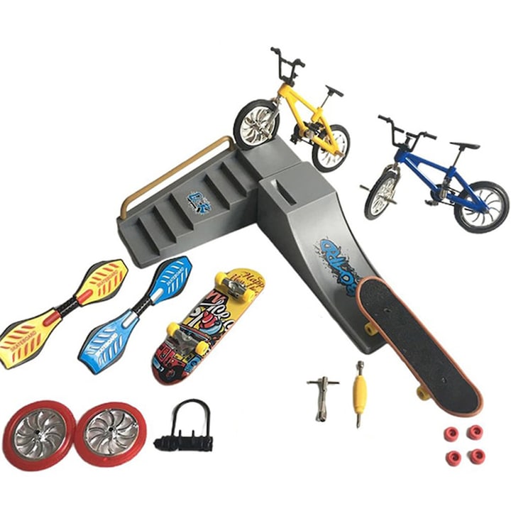 Set de 17 mini jucarii pentru degete, Darklove, Inclusiv accesorii, Skateboard-uri/Biciclete/Rampe pentru scari, Potrivit pentru petreceri pentru copii, Plastic, Multicolor
