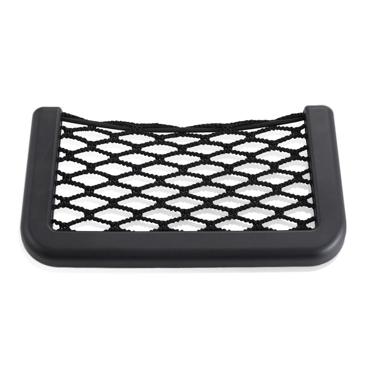 Suport auto buzunar 14.5 x 8 cm, Tip plasa elastica pentru telefon sau alte obiecte, Adeziv, Negru
